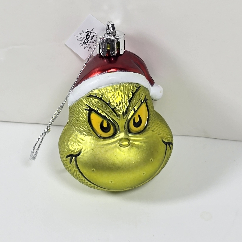 Dr. Seuss Grinch Christmas Ornament Santa Hat Glass Look NWT